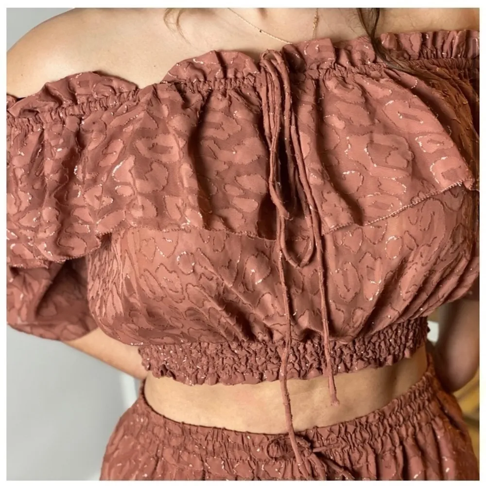 H&M Rust Cheetah Wide Leg Pants & Off Shoulder Bardot Crop Top Set Sz 12 - Image 7