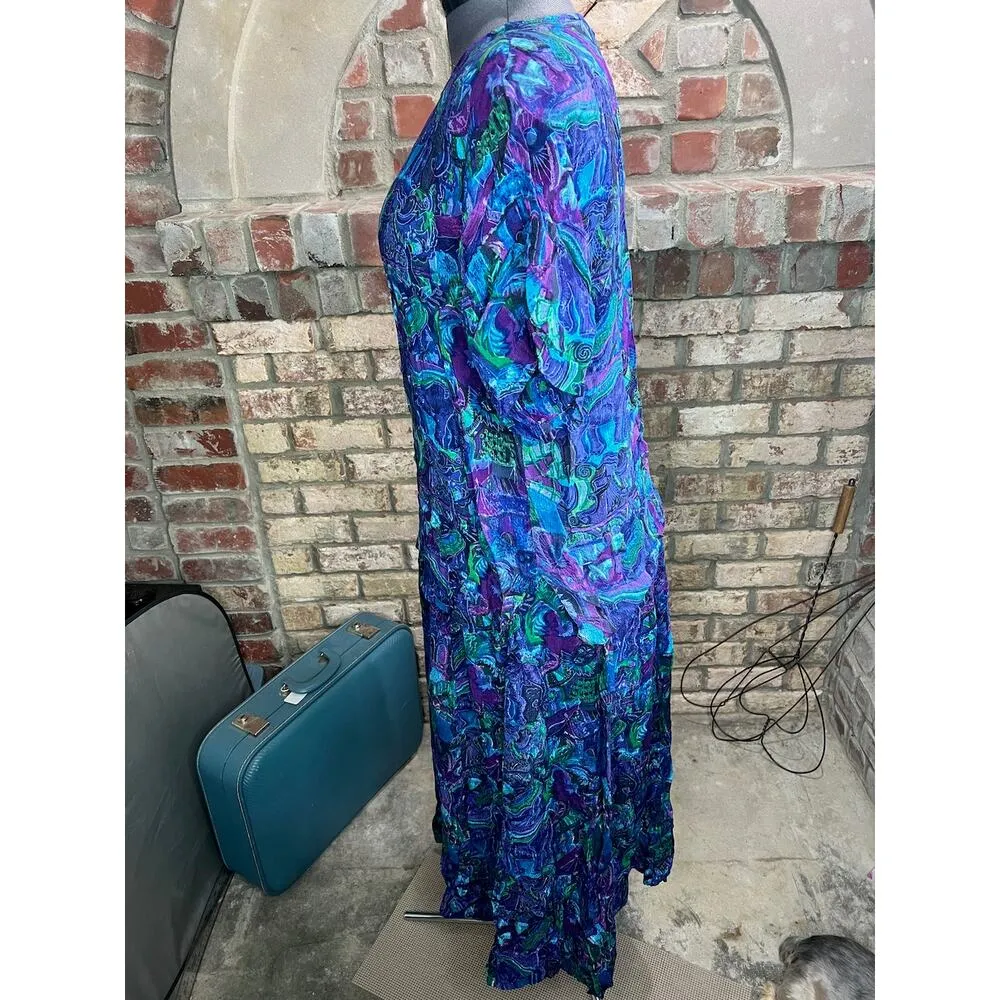 skirt set short sleeve Blouse swing skirt floral green blue purple Size L - Image 7