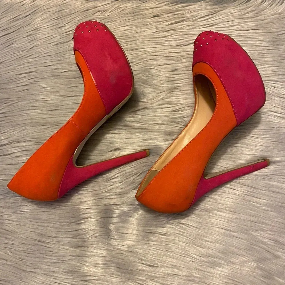 Penny Loves Kenny Pink & Orange Suede with Gold Beaded Top Accent Heels - Image 8
