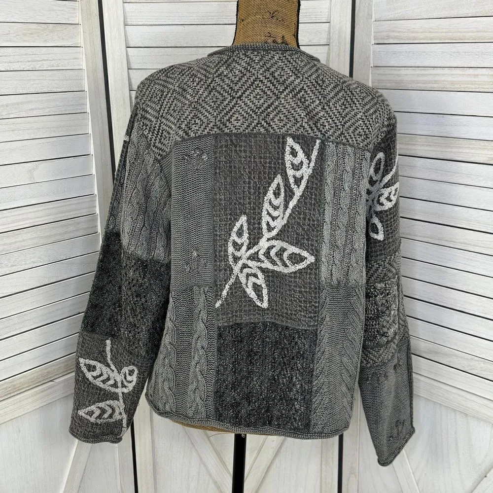 Sandy Starkman Vintage Patchwork Knit Cardigan Sweater Gray Large Cotton - Image 4