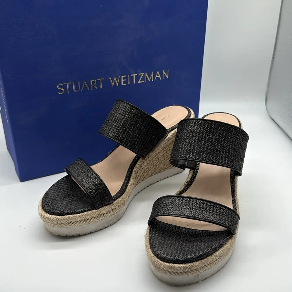 Stuart Weitzman Mykonos Two-Strap Wedge Sandals Herringbone Raffia & Black 38.5 - Image 5