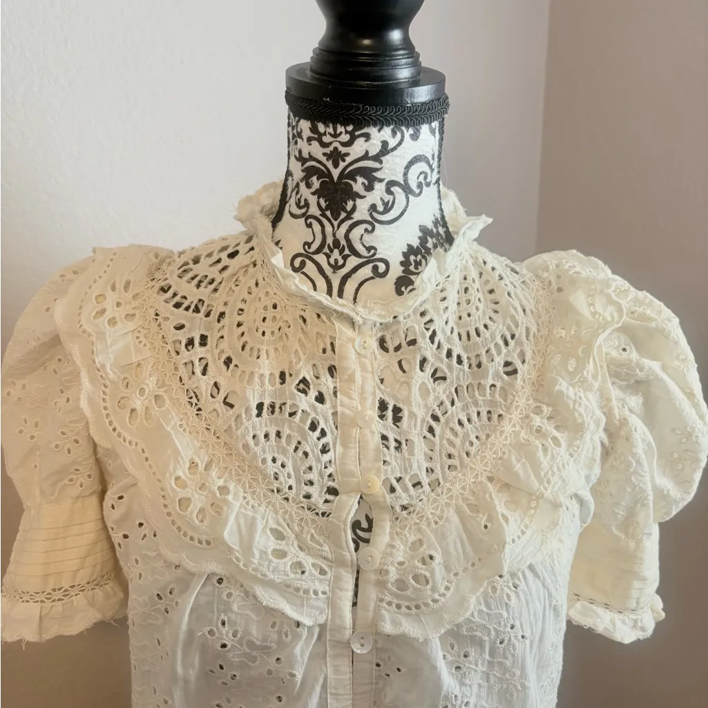 HOUSE OF HARLOW 1960 Ivory Ruffle Trim Puff Sleevees Blouse Size M - Image 3