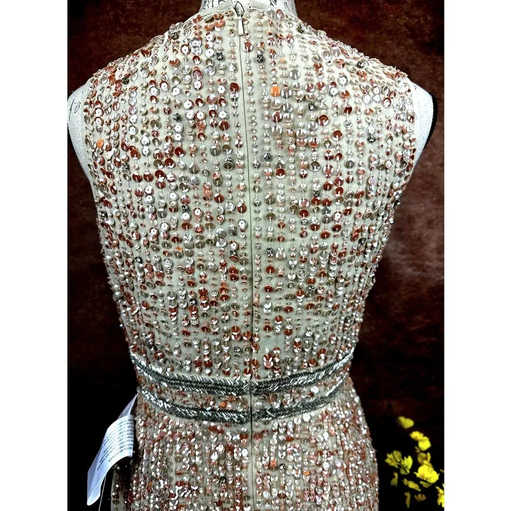 Mac Duggal Sleeveless High Neck Beaded Sheath Dress Nude 4 - Image 9