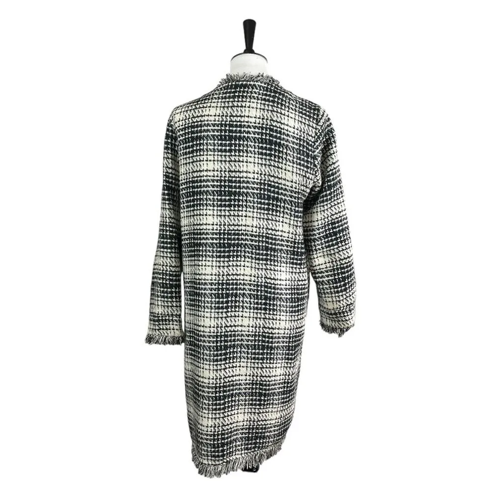 Maven West Women’s Long Jacket Open Front Fringe Black Cream Plaid Size Medium - Image 4
