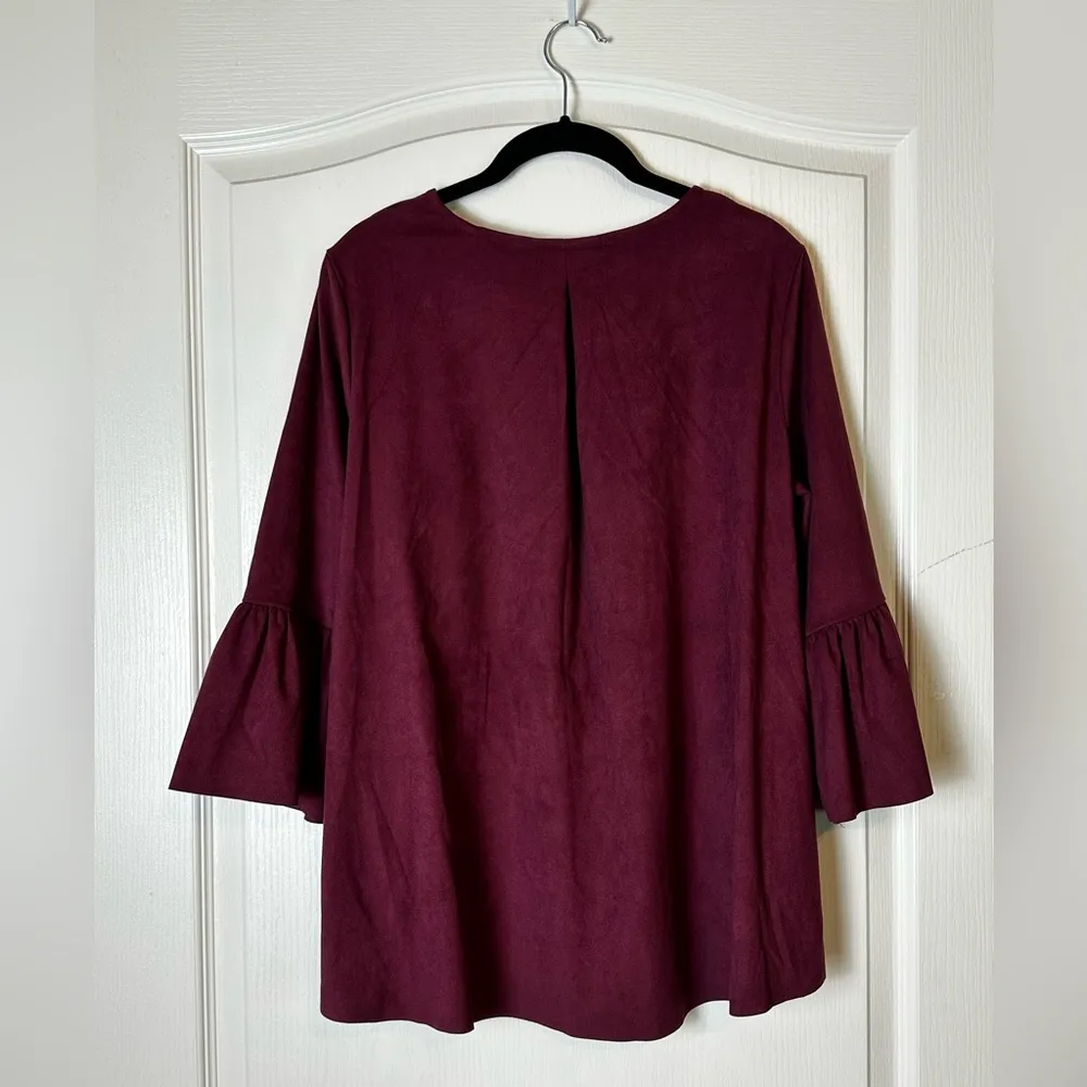 Bryn Walker Fran Top Faux Suede Bell Sleeve Lagenlook Maroon Size Small - Image 9
