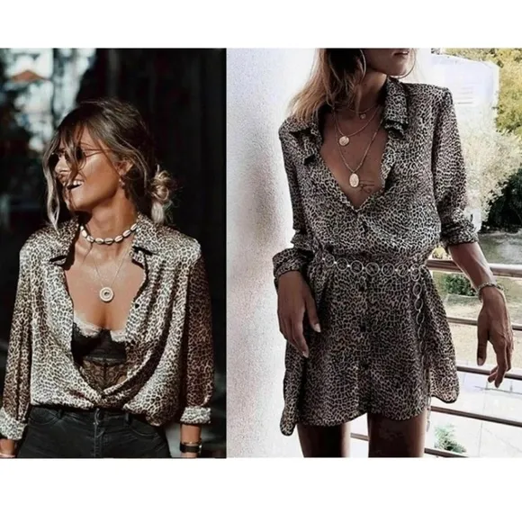 Zara TRF Leopard Animal Print Long Shirt Tunic Satin Mini Dress - Blogger Medium - Image 3