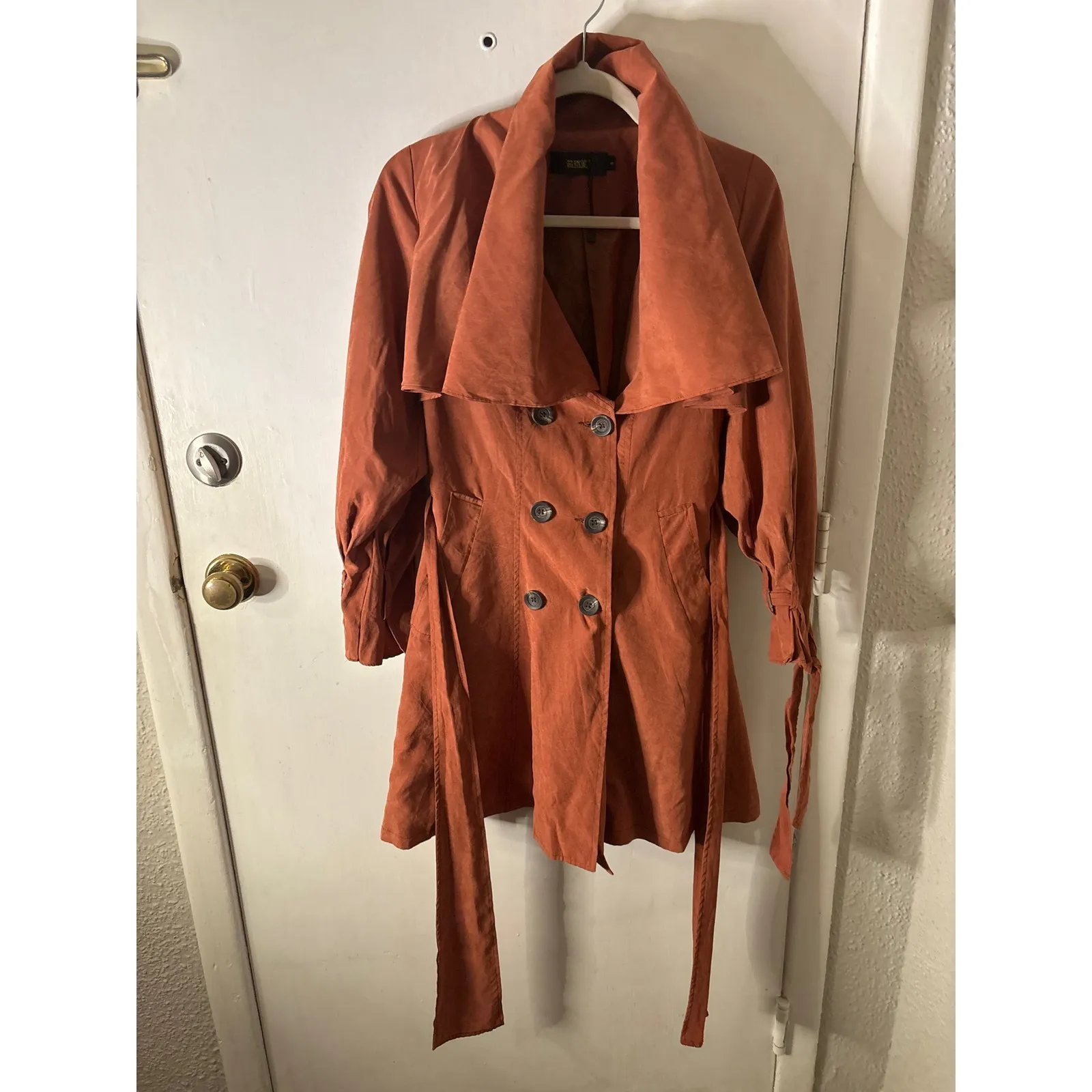 Brown Double Breasted Capelet Trench Coat S NEW Classic Retro Glam Preppy Retro - Image 6