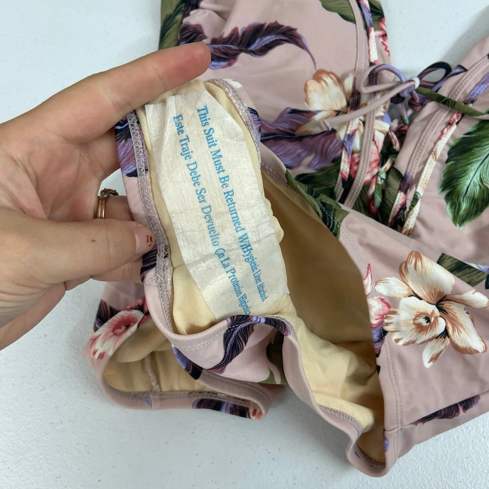 NEW Kona Sol women's pink tropical floral lace cross strap one piece swim suit L - Image 3