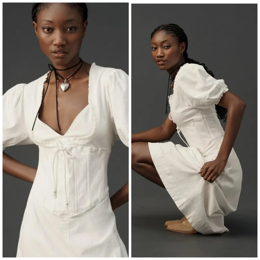 Maeve Puff-Sleeve Corset Linen Midi Dress - Image 2