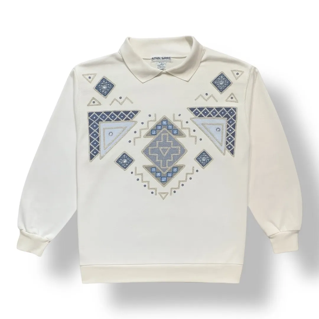 Vintage 80s White Blue Southwestern Geometric Collared Sweatshirt Size Small - Image 1