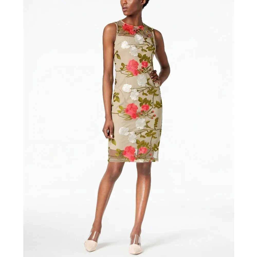 New! CALVIN KLEIN Women's Floral Embroidered Sheath Dress Size 8 Color Cork - Image 3