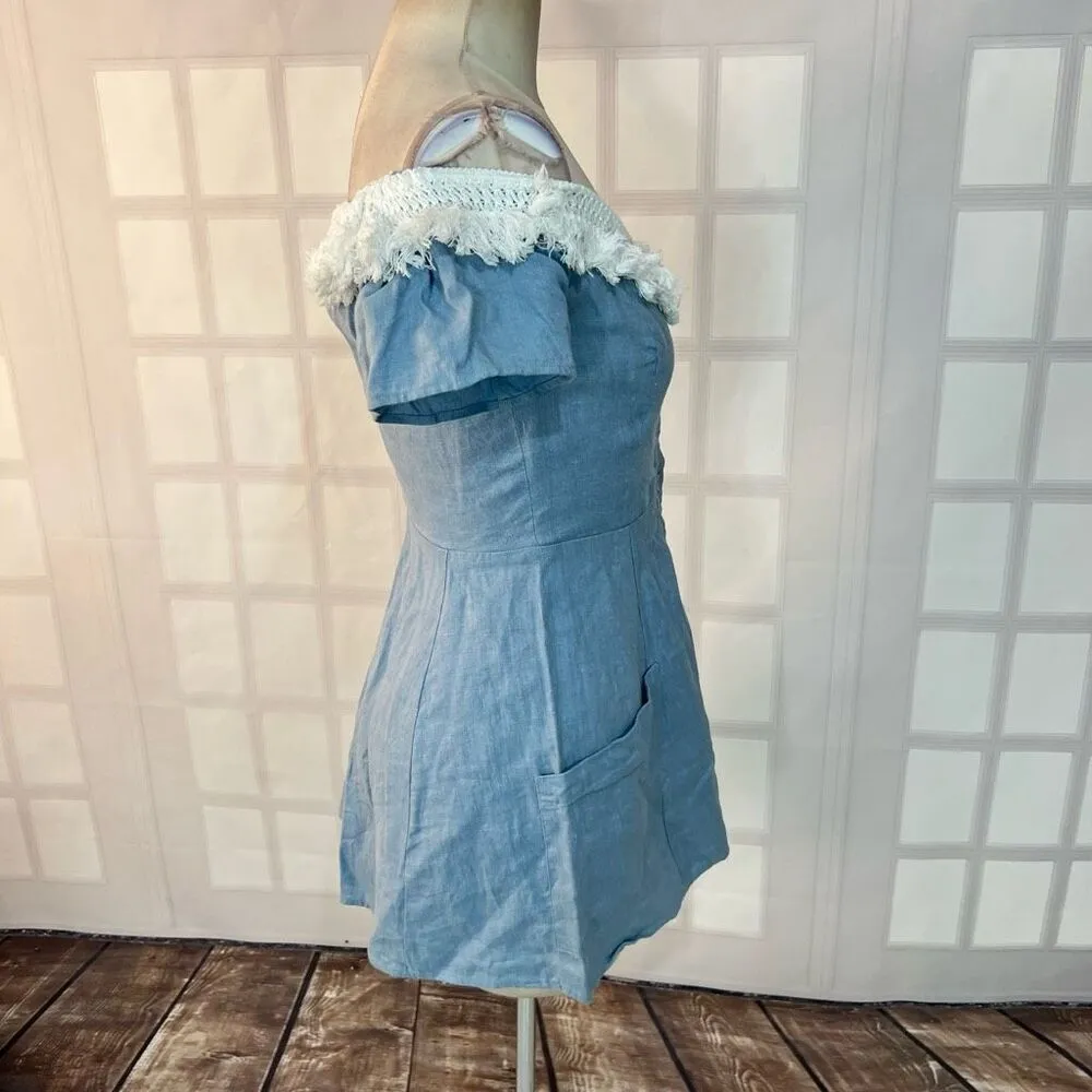 Reformation button down mini denim dress with white fringed off the shoulder nec - Image 4