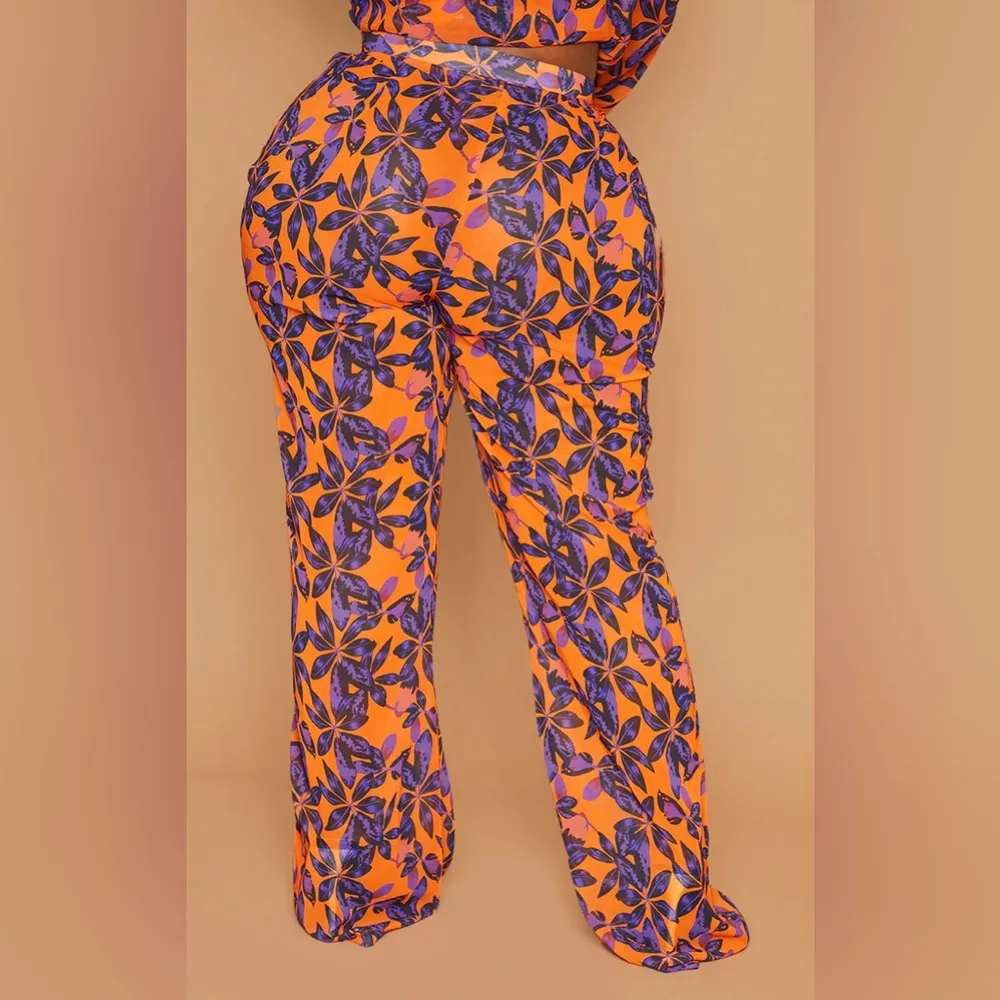 NWT PrettyLittleThing Plus Orange Beach Flares Floral Tropical Womens Size US 16 - Image 4