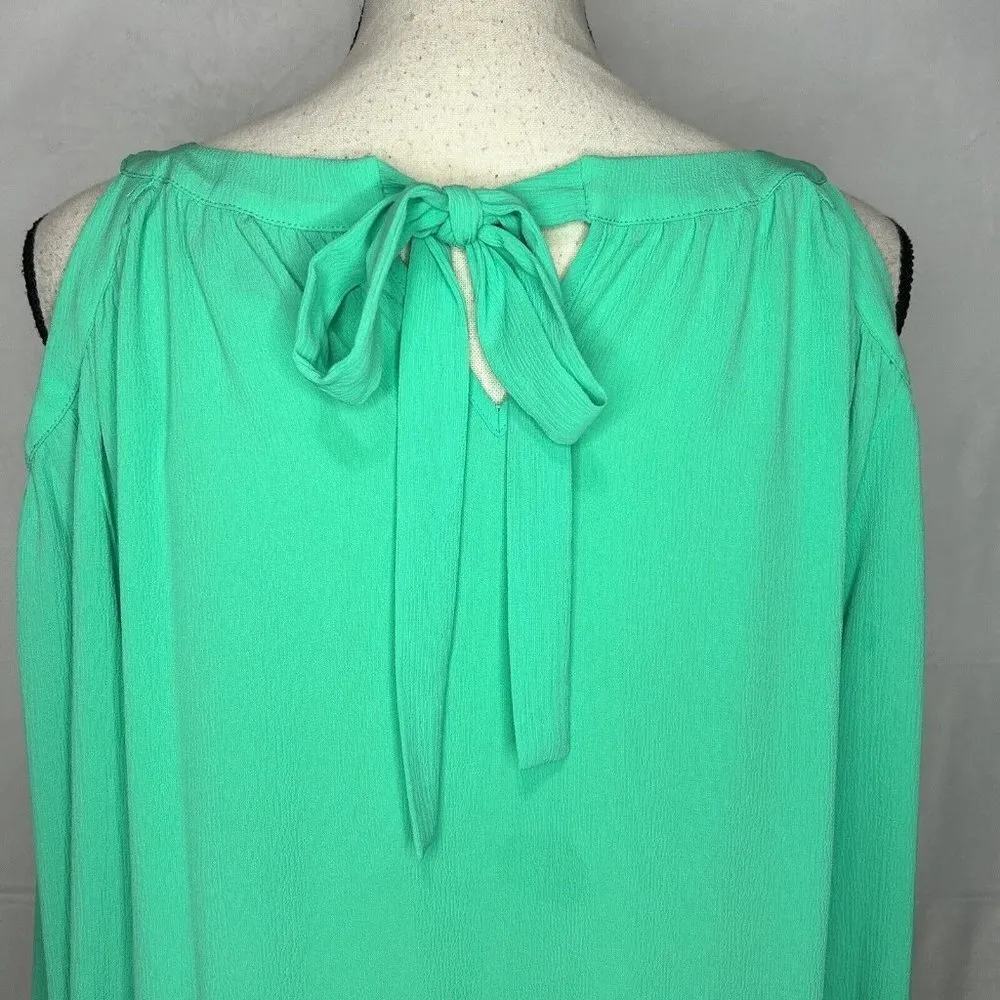 Kaari Blue Green Tie Neck 3/4 Sleeve Cold Shoulder Top Blouse Size M - Image 7