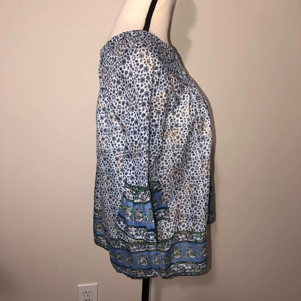 Beach Lunch Lounge Womens Size S Top Smocked Bell Sleeve Blue Print Boho FLAWED - Image 9