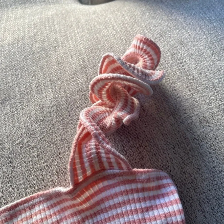 Reformation Pink White Gingham Ruffle One Shoulder Bodysuit Size M - Image 2