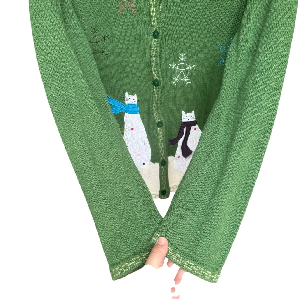 Vintage Christopher & Banks Christmas Cat Snowman Embroidered Sweater XL Green - Image 5
