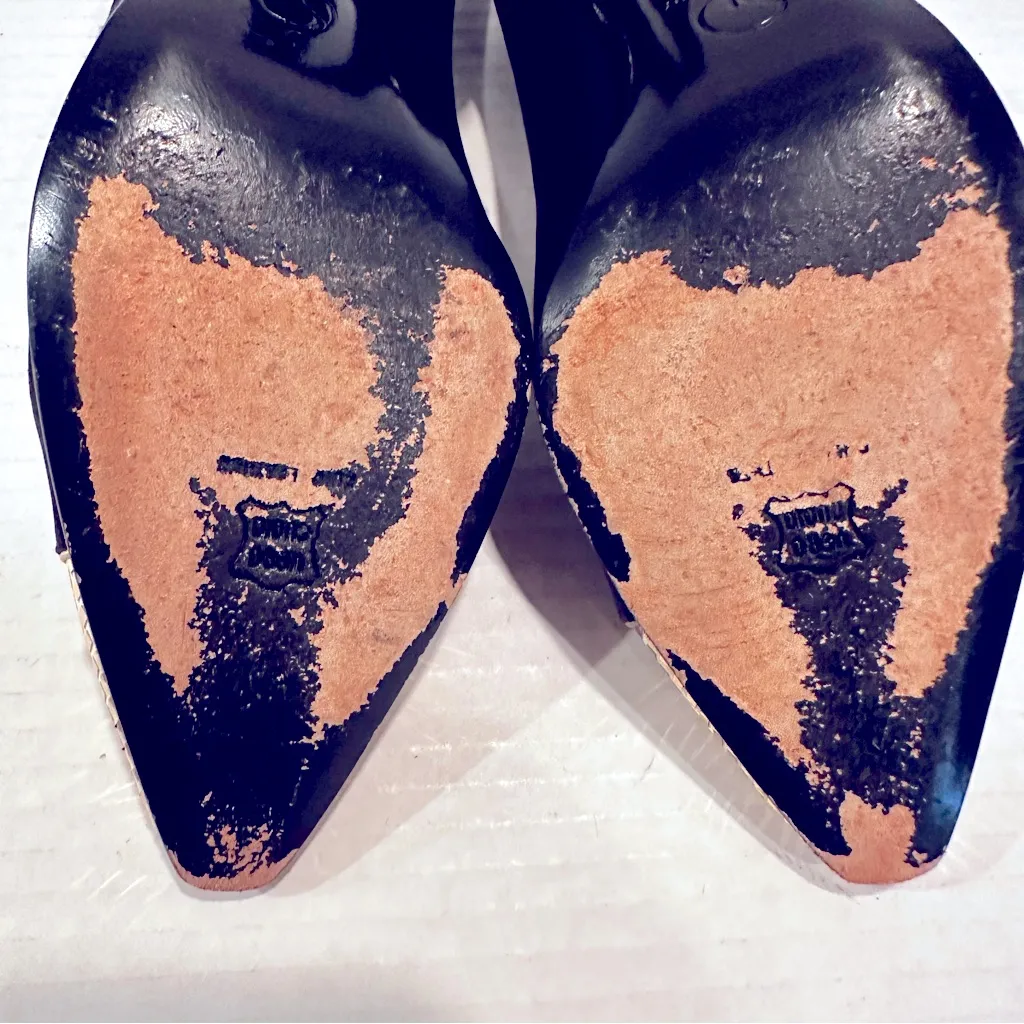 St. John Gladys Satin Pumps Women's 8AA Black Gold‎ Toe Leather Sole Vintage - Image 6