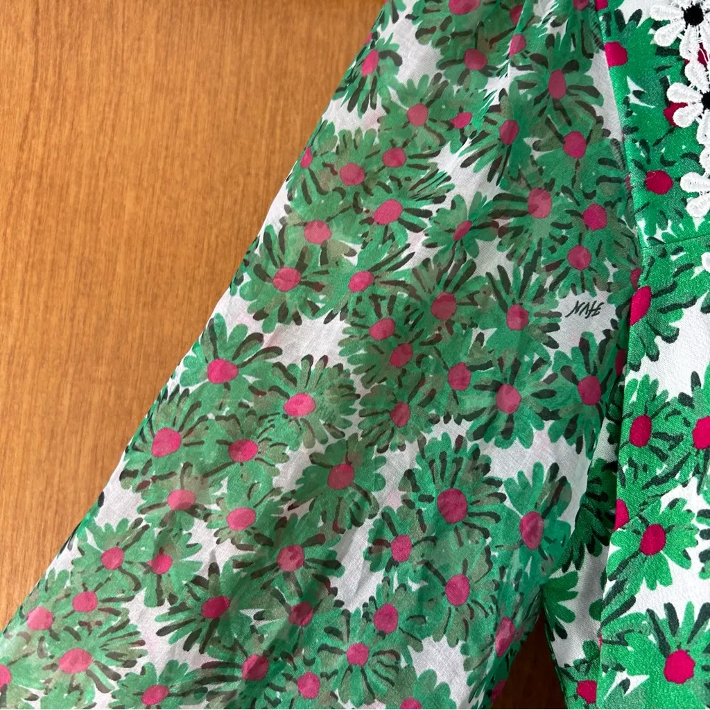 HVN Matilda Appliqued Floral Print Voile Silk Chiffon Midi Dress Green Size 6 - Image 6