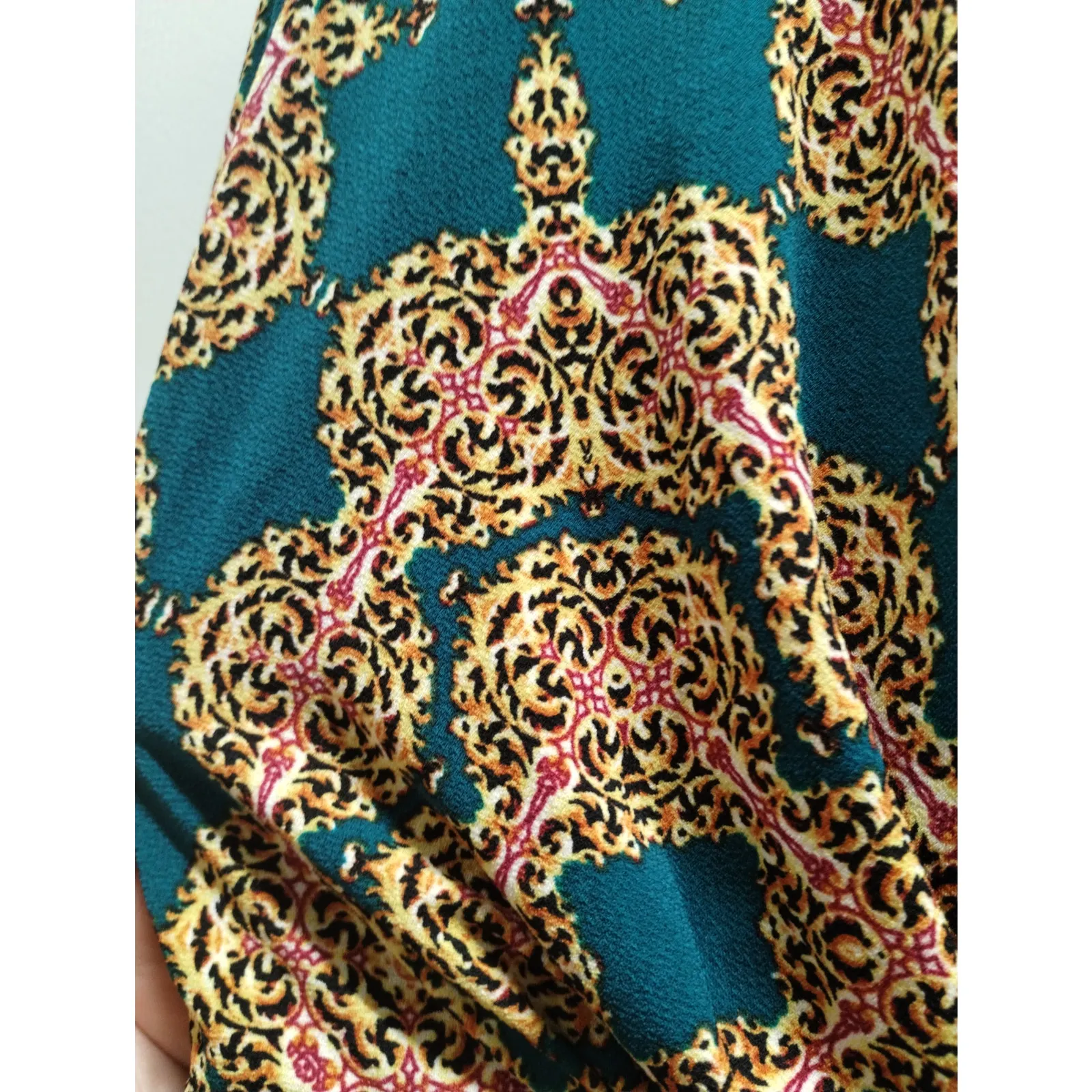 Bold Elements Size Medium Teal & Gold Patterned Faux Wrap Asymmetric Top - Image 2