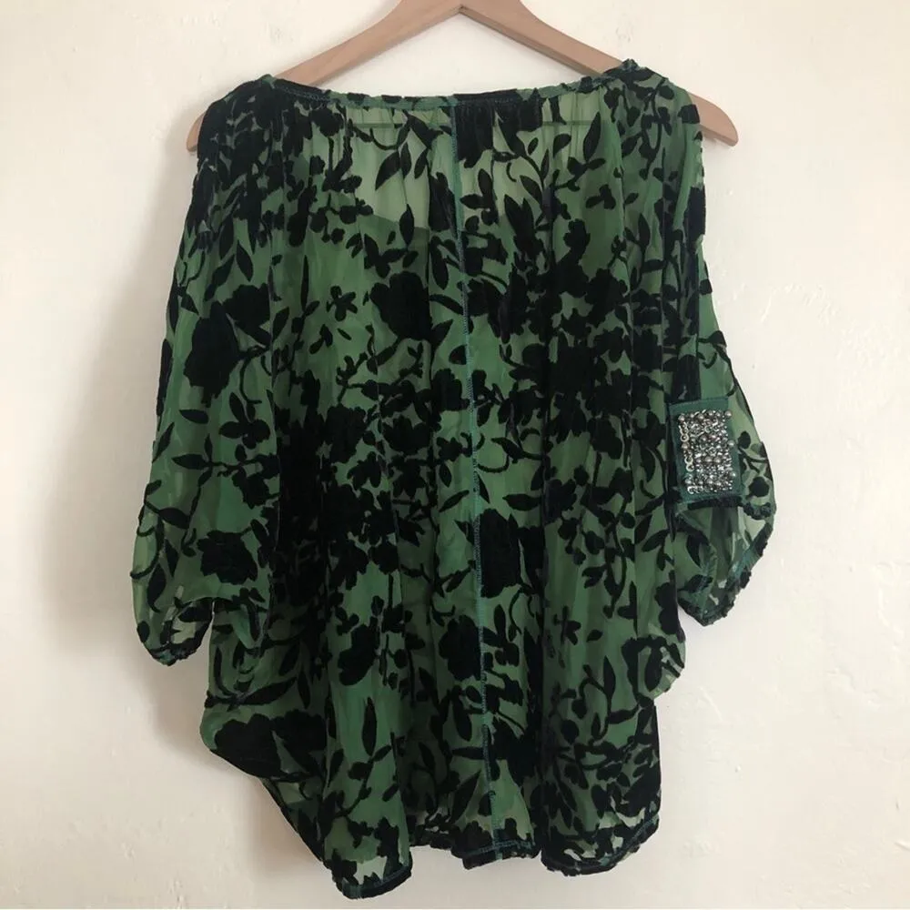 Awake Couture Green Black Velvet Velour Floral Flutter Sleeve Blouse Top Size L - Image 8