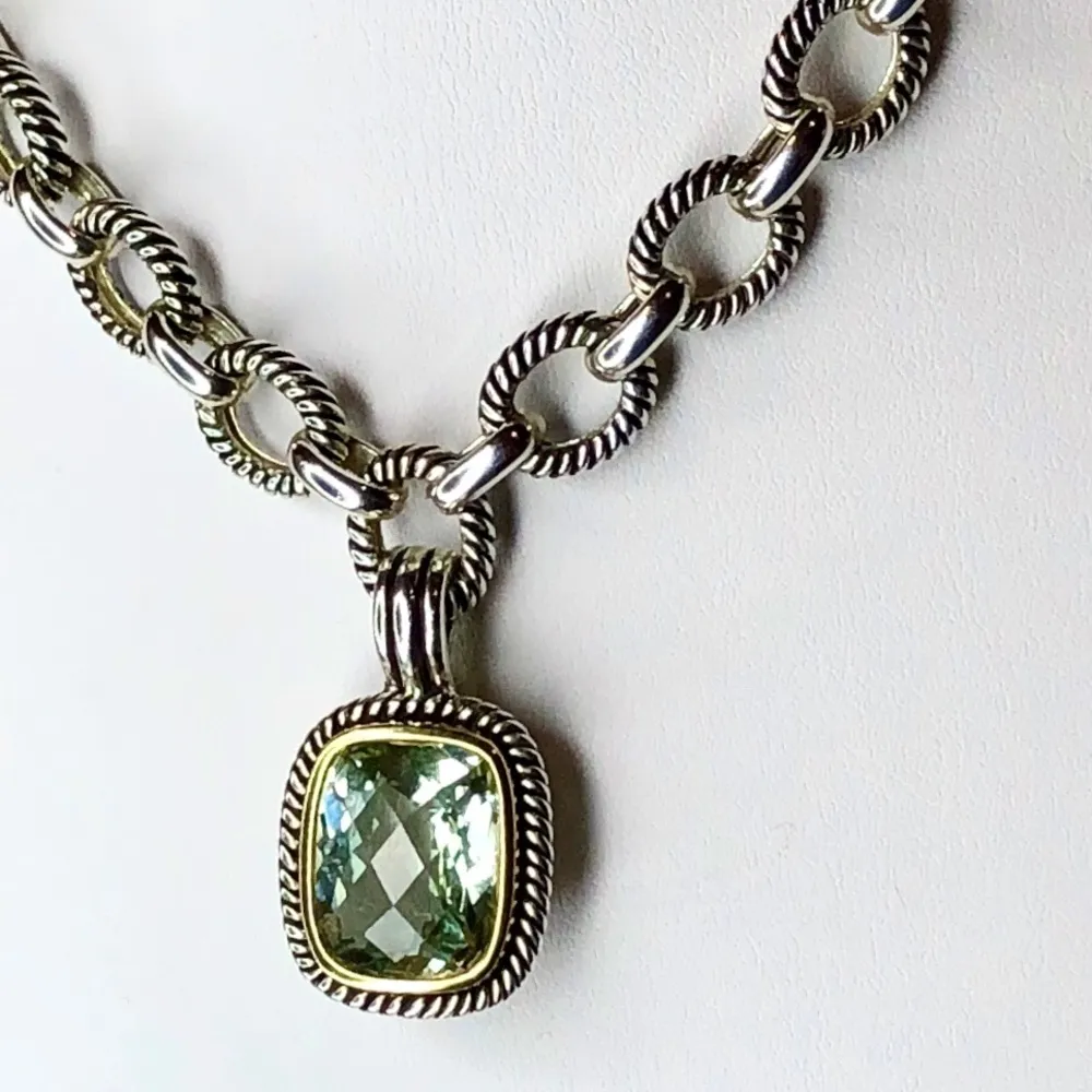 Green Amethyst Cushion Cut Sterling Silver Cable Link Toggle Necklace - Image 2