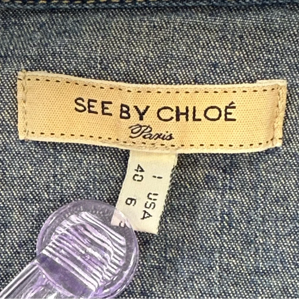 See By Chloe Cropped Denim Jean Jacket Size 6 Rhinestone Buttons Chic Classic - Image 7