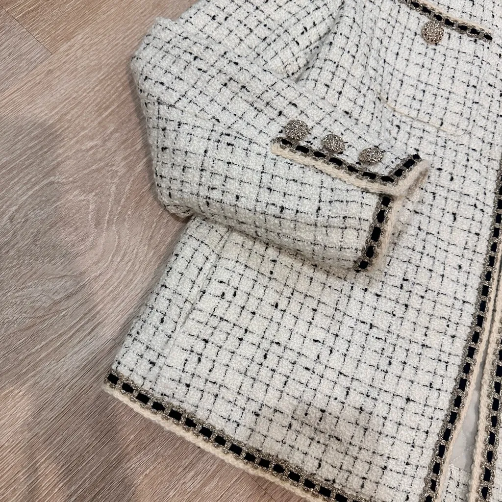 Goelia Wool Blend Tweed Jacket Cream Color Style, Tweed Blazer Size M - Image 5