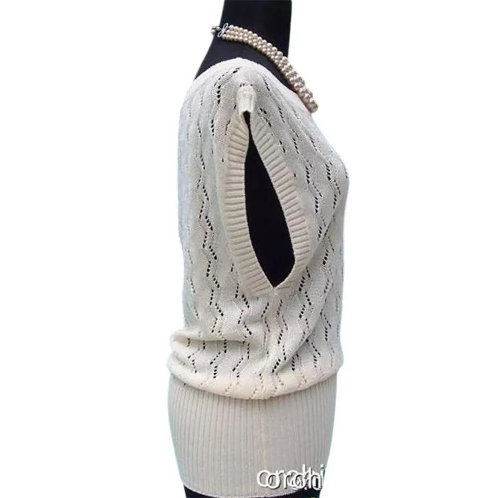 Cache Beige Peek A Boo Crochet Sand Beige Cotton Knit Stretch Top New NWT $118 - Image 4