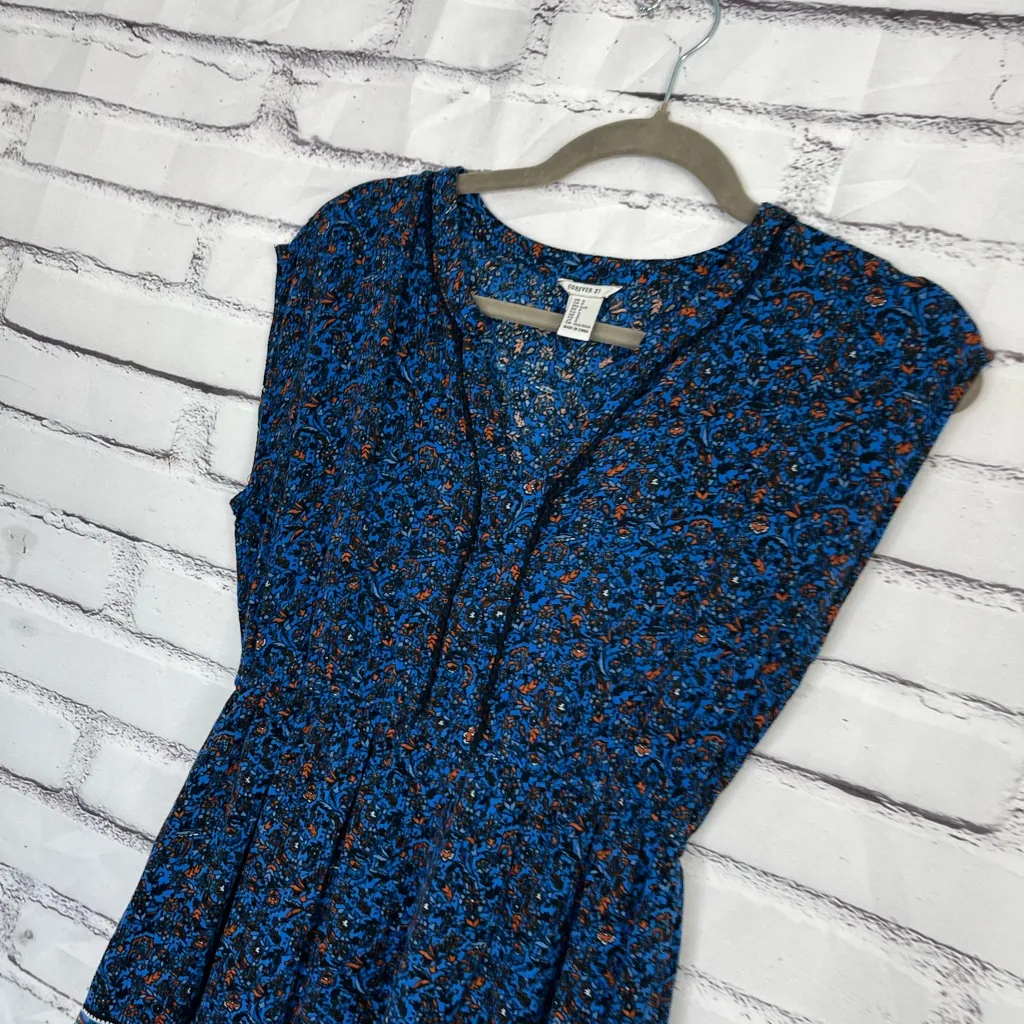Forever 21 Blue Boho Floral Blouse Women’s Small Cap Sleeve Peplum Tunic Top Y2K - Image 7
