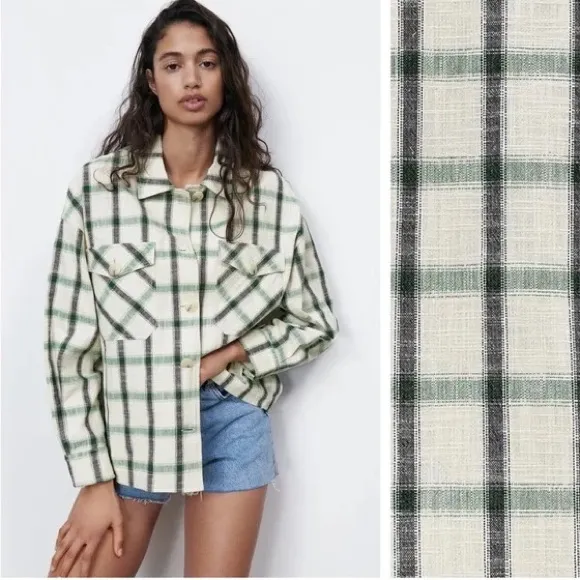 NWT Zara Plaid Overshirt Jacket Green Cream Relax Fit Bloggers Fav S - Image 2