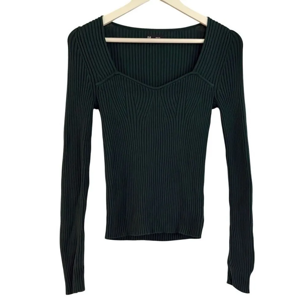 Gap green ribbed sweetheart sweater size M - Image 2