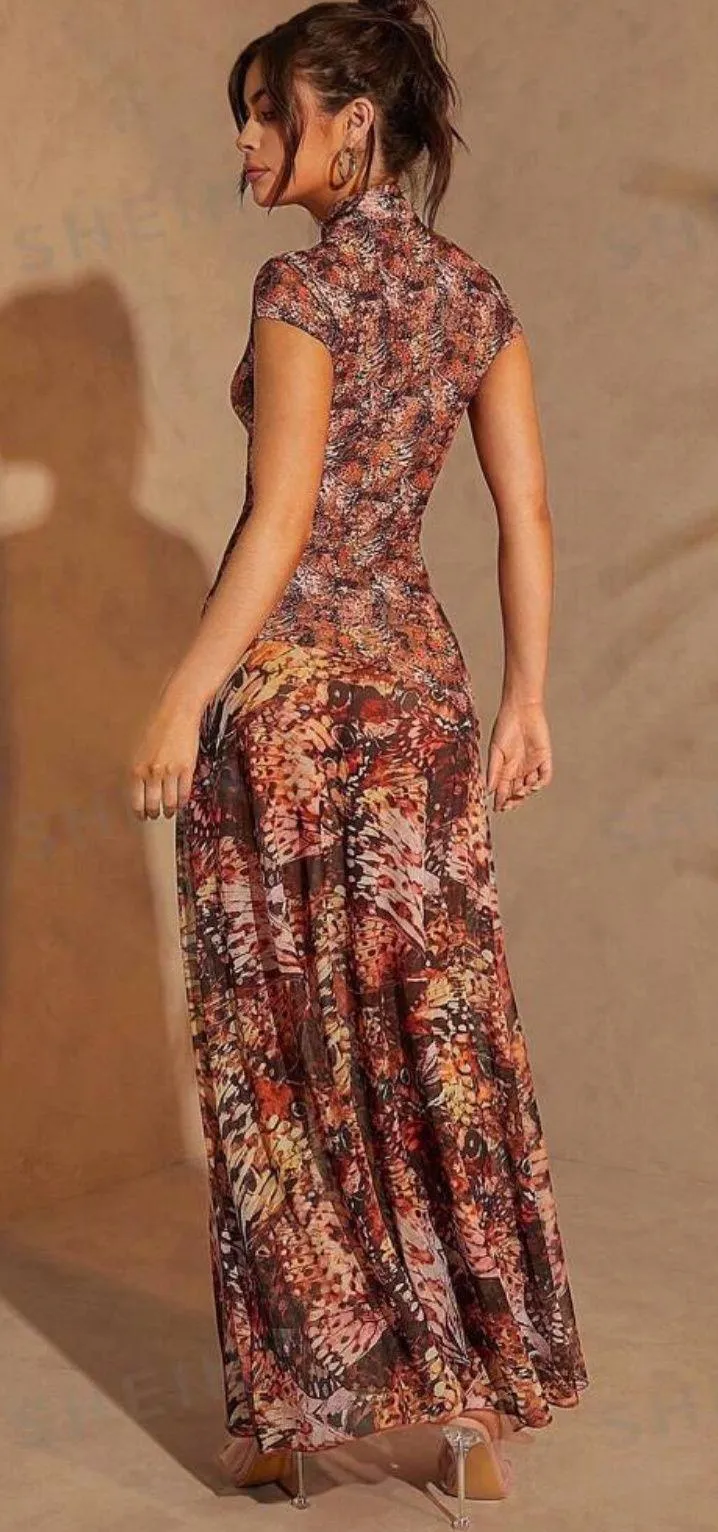 Animal Print Mesh Slit Dress - Image 2