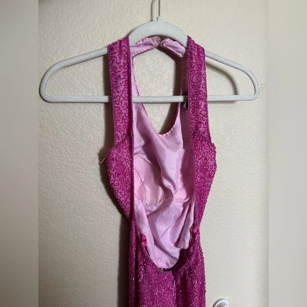 Vintage Y2K Scala Silk Beaded Formal Prom Gown Sz XS in Pink‎ Open Low Back - Image 2