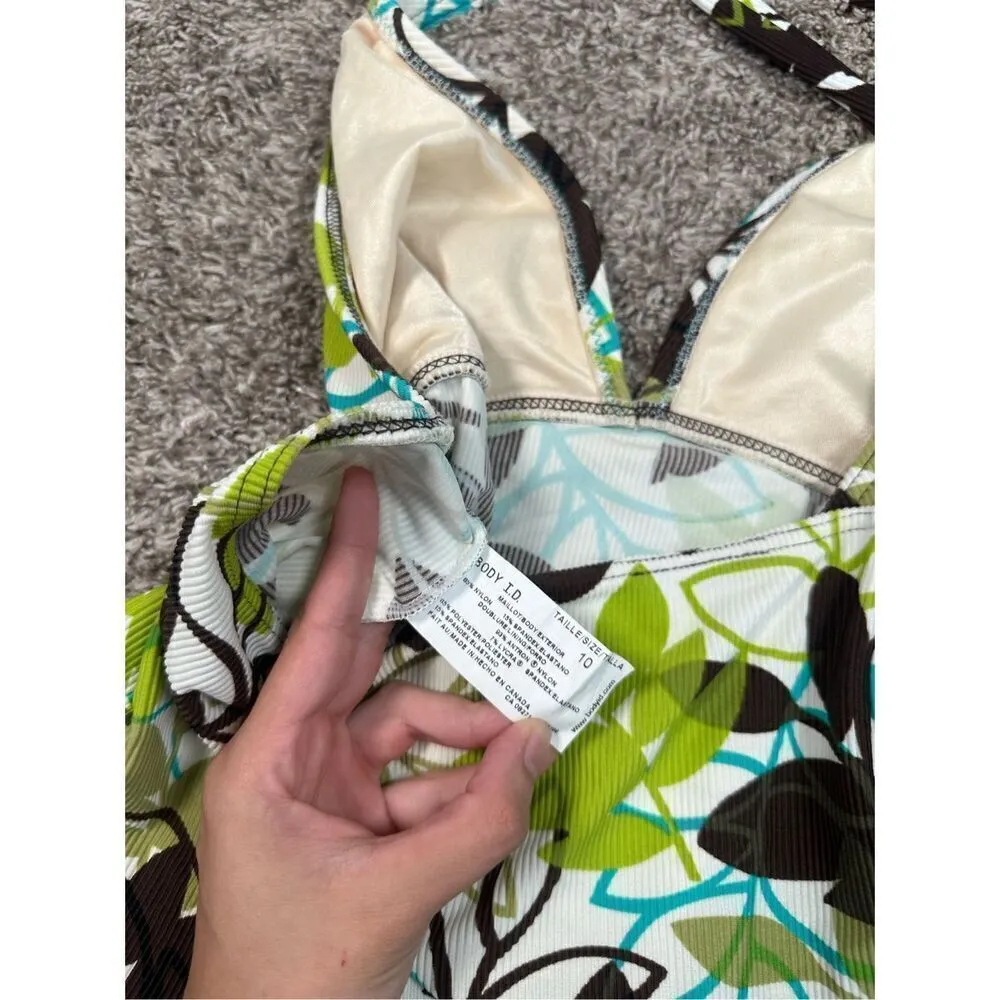 vintage y2k body i.d. ribbed tankini swim halter top retro groovy leaf print S/M Brown Size M - Image 6