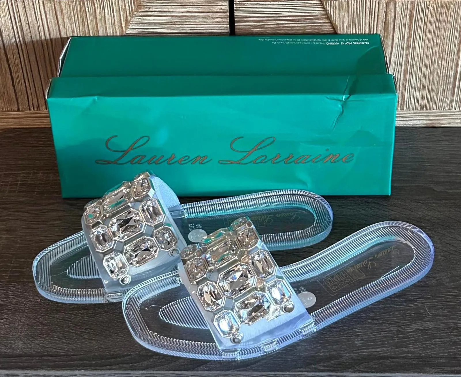 NWT Lauren Lorraine Womens Jade Clear Rhinestone Slides Sandals Size 7 - Image 1