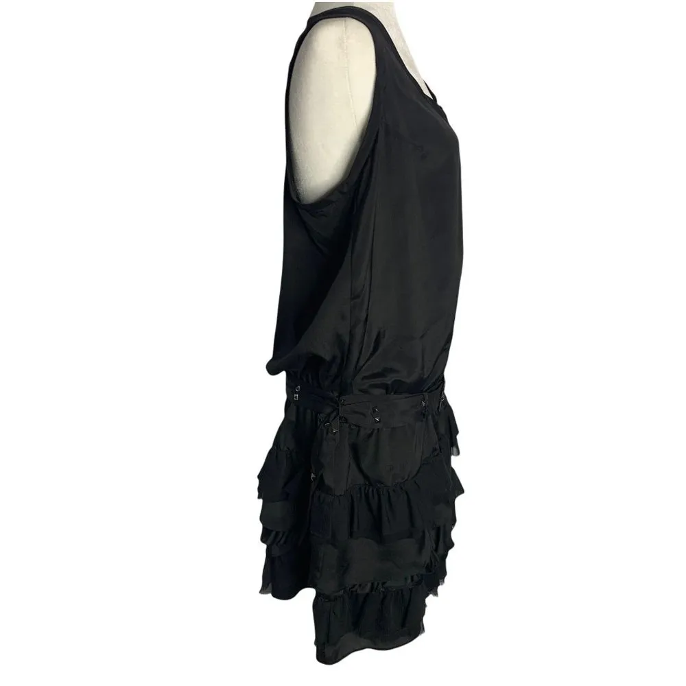 Vintage 90s Dropped Waist Ruffle Dress L Black Sleeveless Studded Belt - Image 6