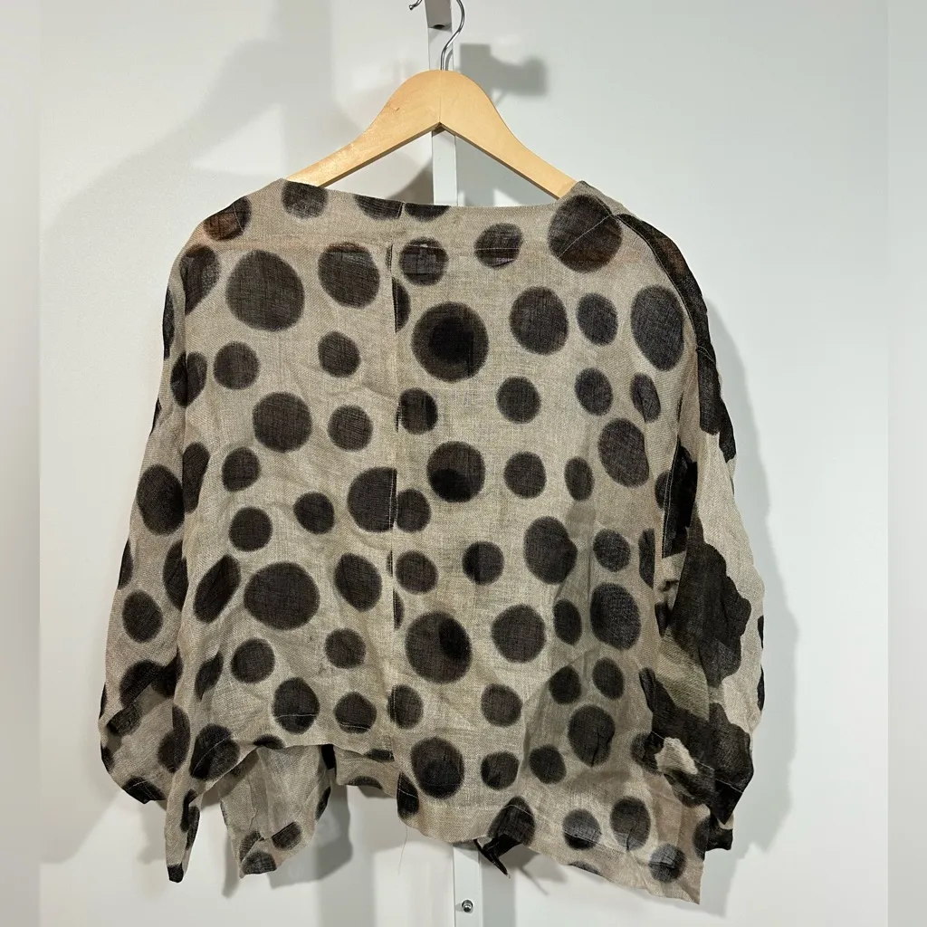 Banana Blue 100% Linen Abstract Floral Dot Blouse | Made in Australia | Size L Tan Size L - Image 3