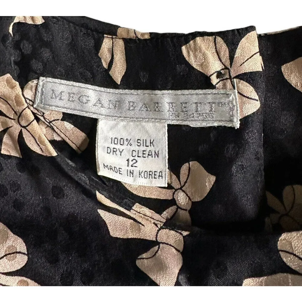 Vintage 80s Megan Barrett 100% Silk Black Bow Print Belted Secretary Dress Sz 12 - Image 8