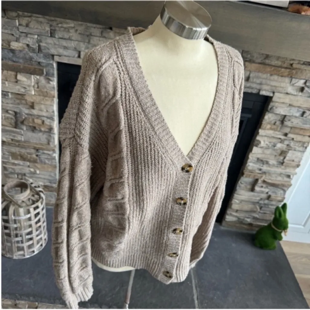 cupcakes & cashmere Taupe Cable Knit Cardigan Tan Size L - Image 5