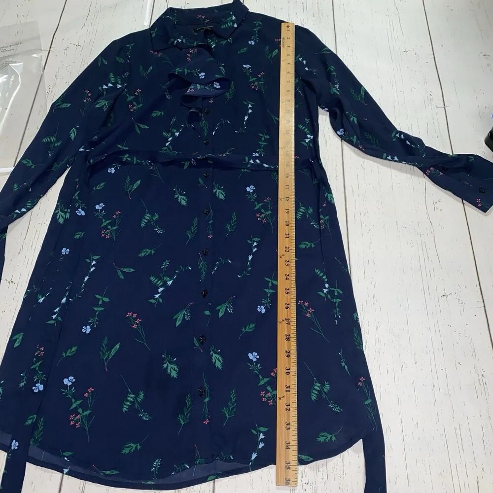 Banana Republic Women’s Sz 6 Blue Botanical Chiffon Shirt Dress Tie Belt Ruffle - Image 8
