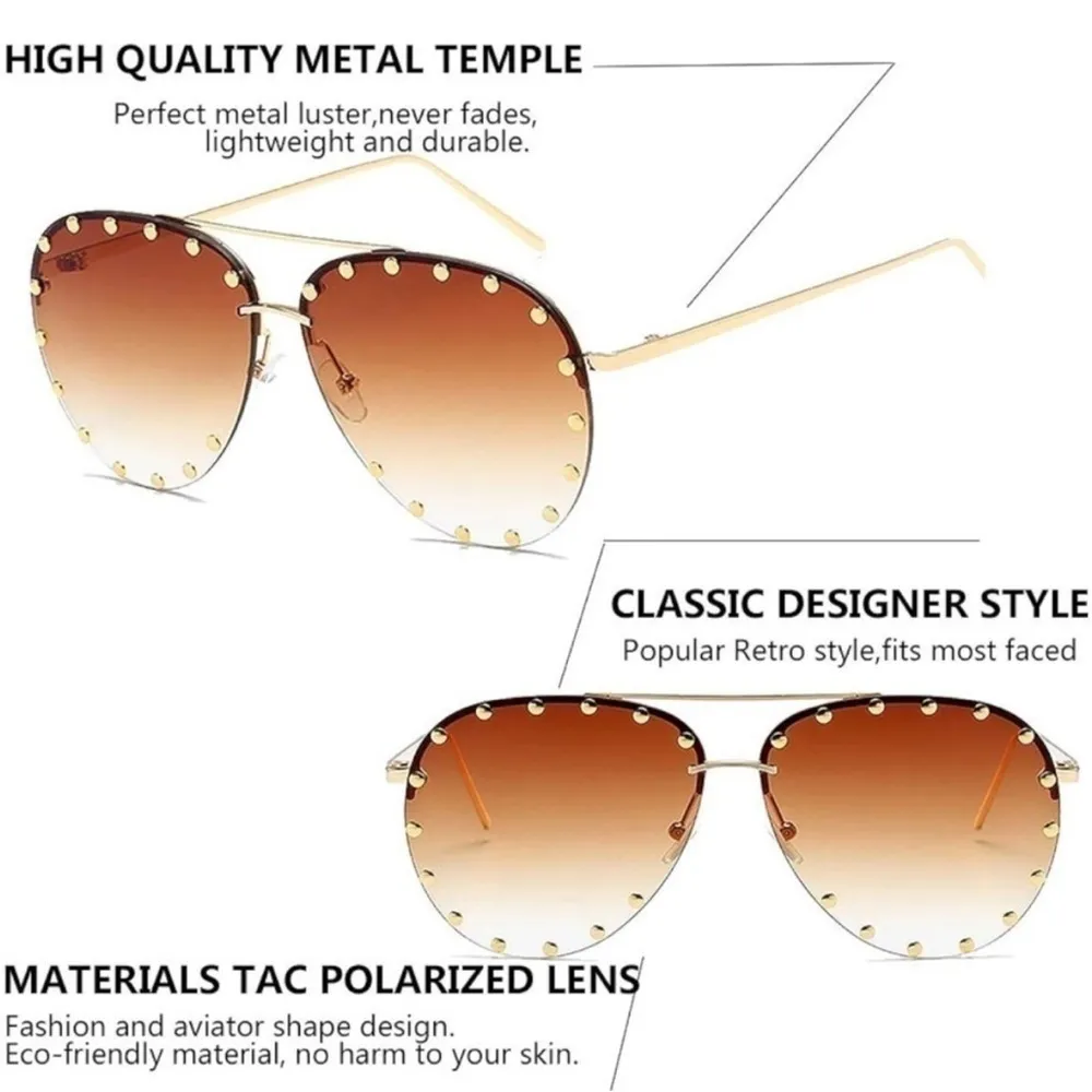 Rimless Oversized Studded Sunglasses. Gold - Image 2