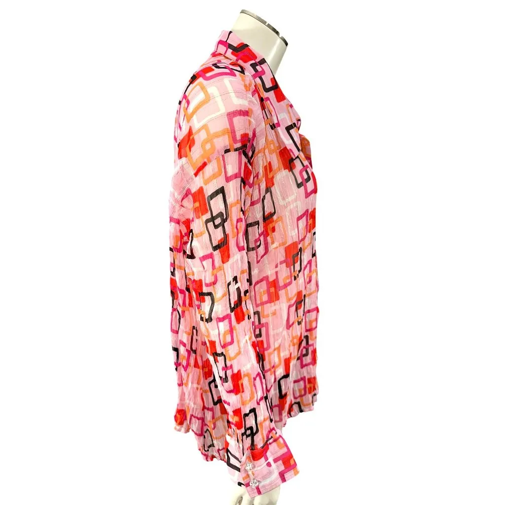 Essentials By Milano XL Pink Geometric Button Up Blouse Retro Cityworkcore Red - Image 5