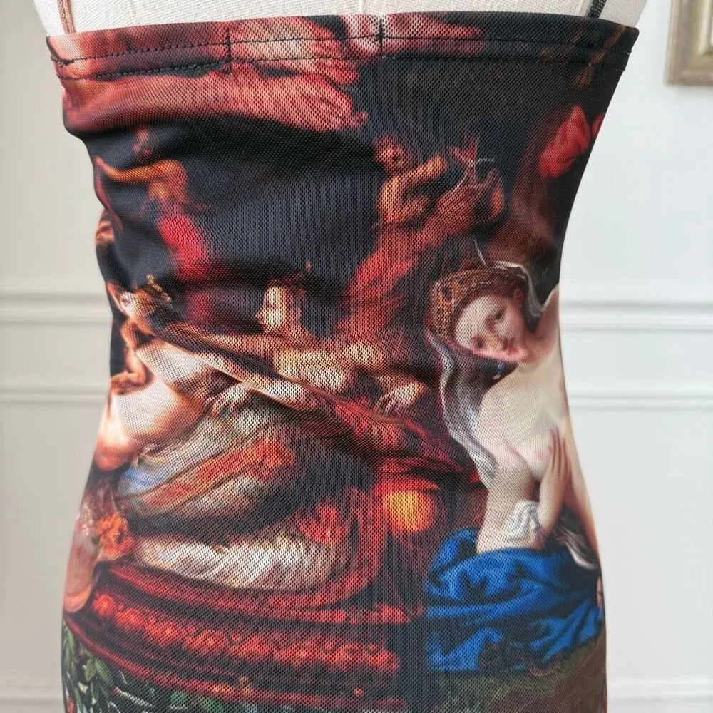 Pretty Little Thing Mesh Bodycon Ruched Mini Dress Renaissance Artwork Print 4 - Image 6