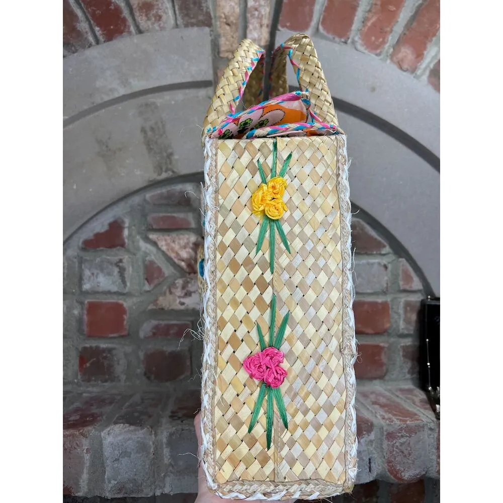 raffia straw suitcase shoulder bag floral blue pink yellow - Image 8