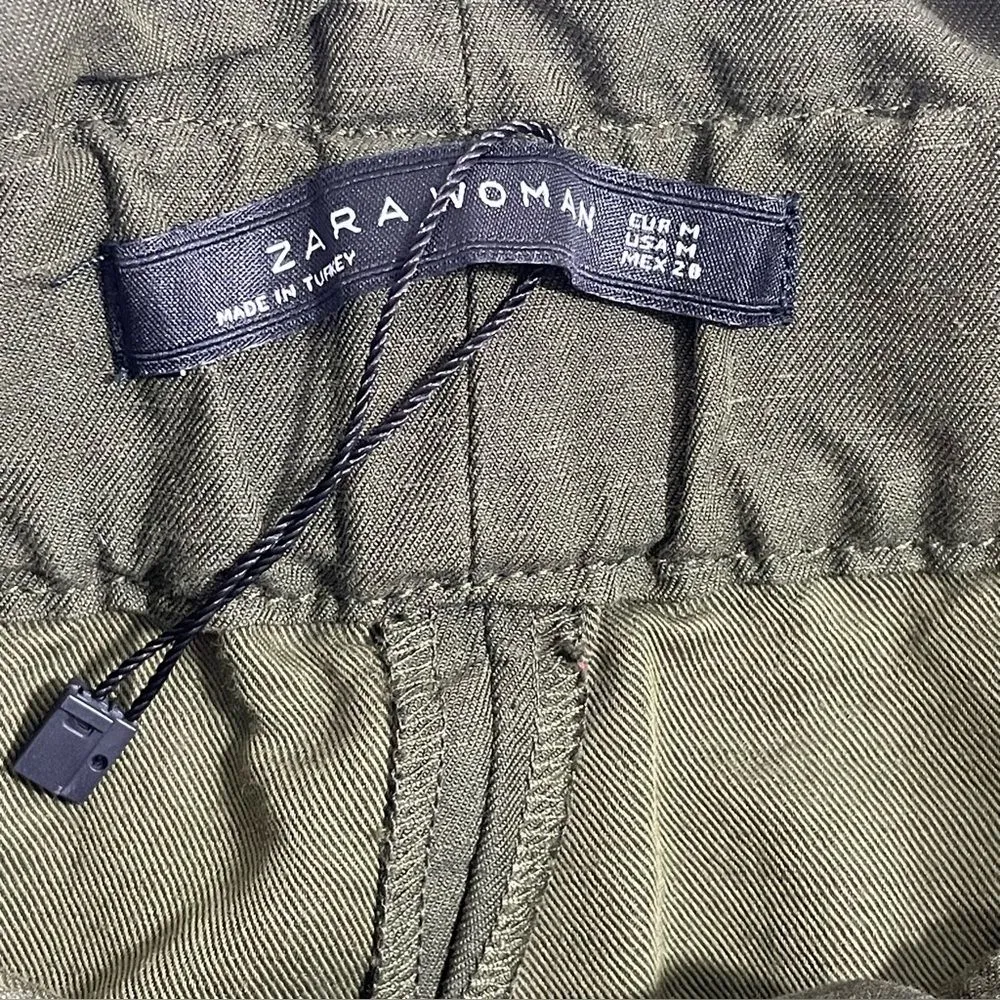 Zara Paperbag Waist Linen Blend‎ Barrel Leg Pants Size MEDIUM Army Olive Green - Image 6
