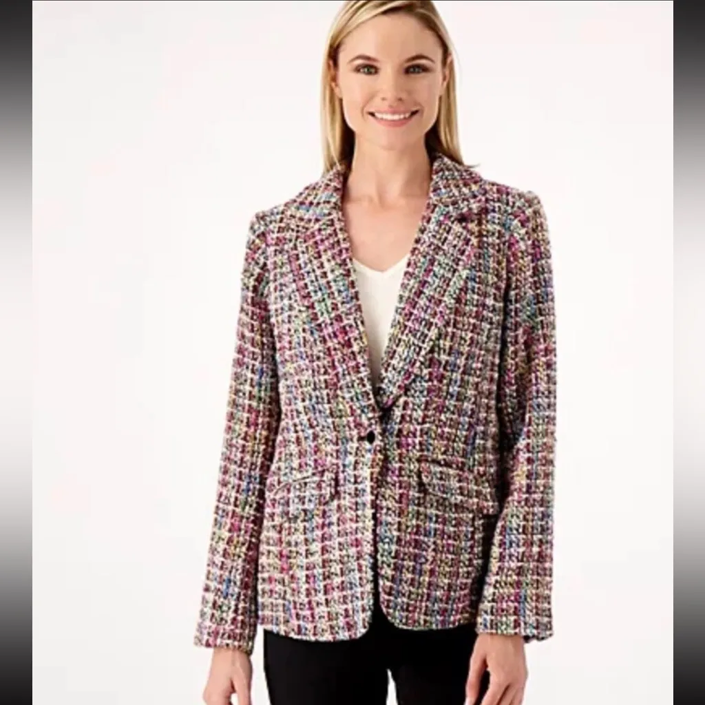 Dennis by Dennis Basso Tweed Wool Blazer Jacket Ivory Multicolor Rainbow Size 2 - Image 11