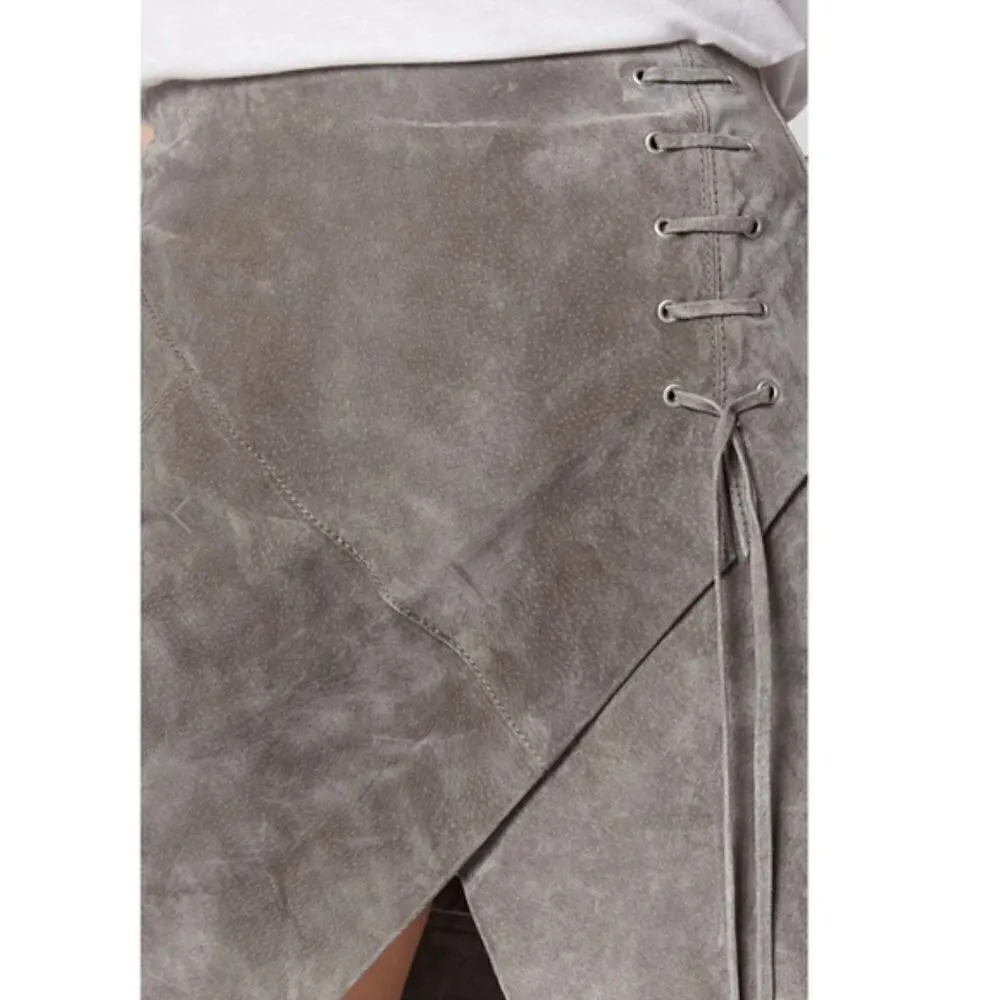 Blank NYC Mini Skirt 26 NWT Suede Genuine Leather Soft Fog Lace Up A-line Gray - Image 8