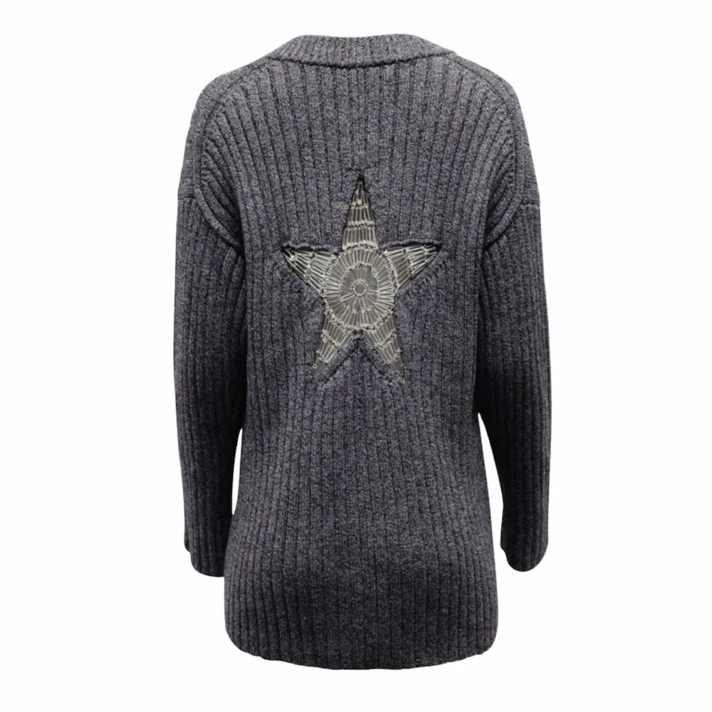 Alexander Wang safety pin star chunky rib knit wool v-neck tunic sweater - Image 2