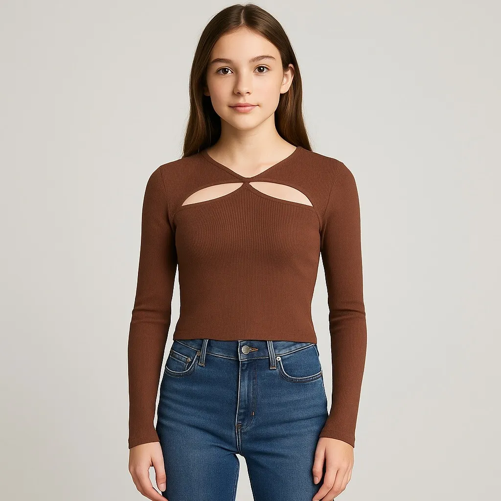 Kendall & Kylie Cutout Long Sleeve Ribbed Knit Top Women's S Brown NWT - Image 2